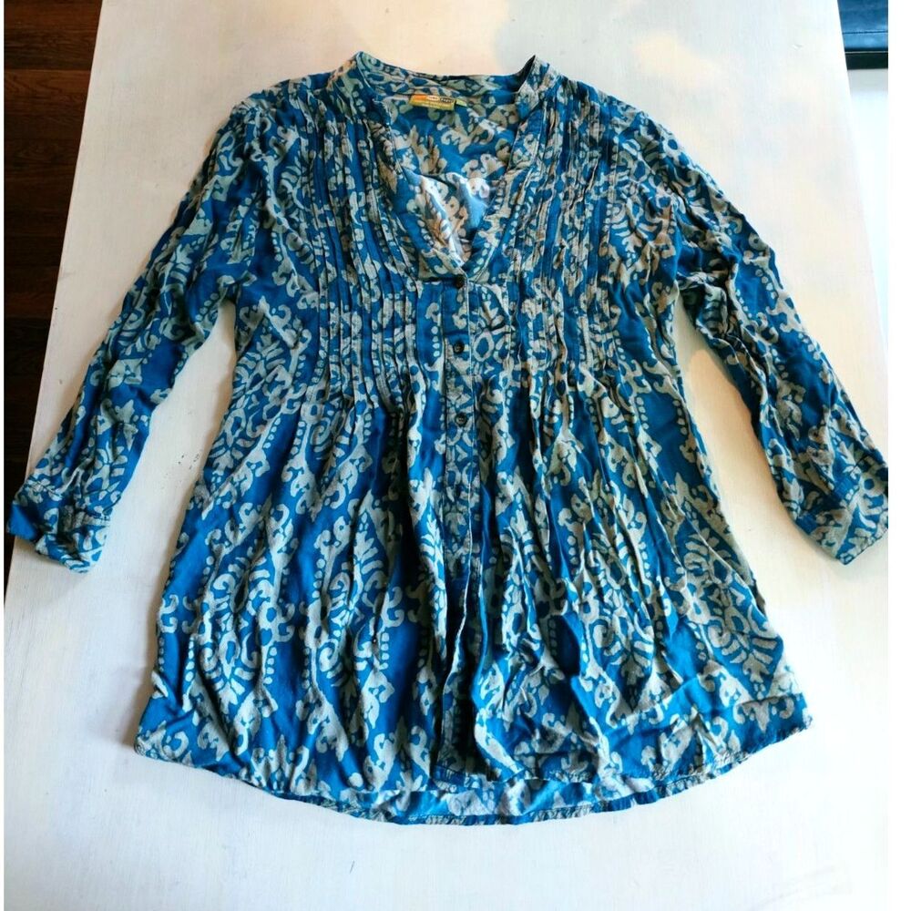 rock flower paper Blue Block Print Cotton Pintuck Tunic Blouse Top Button Up M